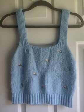English Factory Light Blue Embroidered Flowers Top
